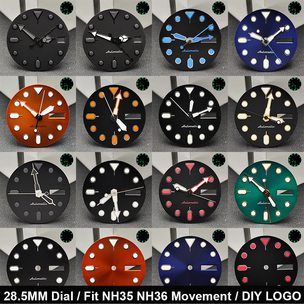 28.5mm Dial Green Luminous Watch Dial With Watch Hands Fit NH35 NH36 Automatic Movement Modification Parts High Bright Luminous