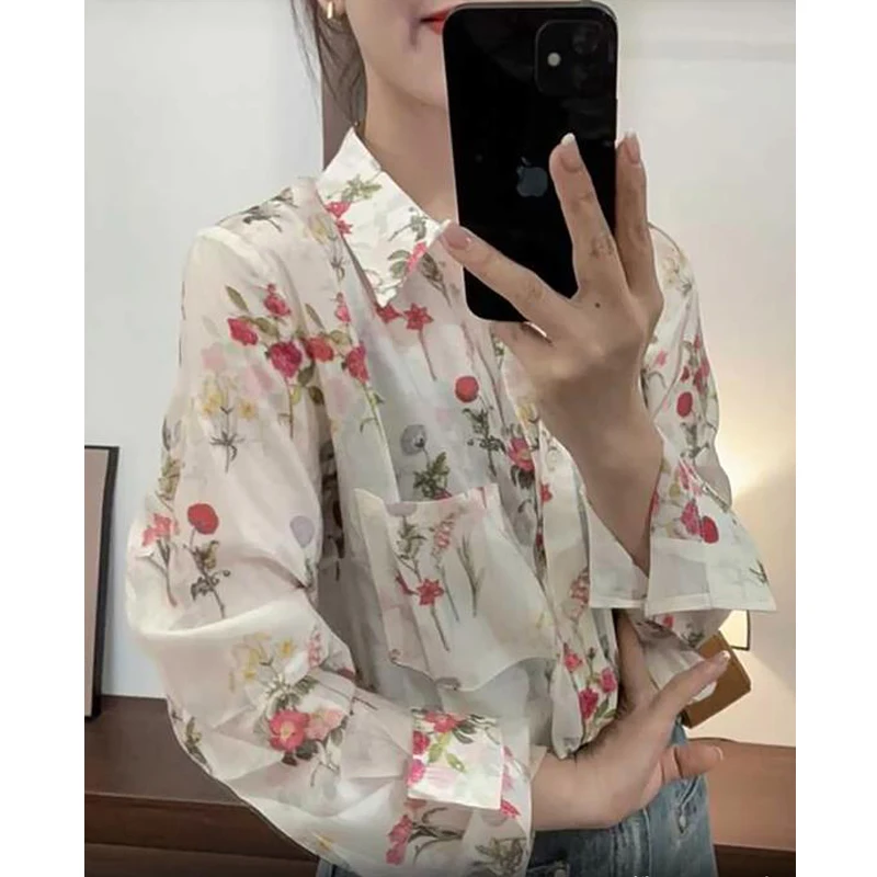 Women Stylish Vintage Floral Print Button Up Shirt Lapel Long Sleeve Loose Blouse Spring Summer Casual Pocket Chic Tops Camisas