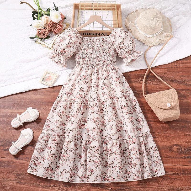 New Summer Kids Teenager Women Square Neck Puff Sleeve Printed Summer A-Line Shirred-Bodice Dress Korean Style Casual Clothing