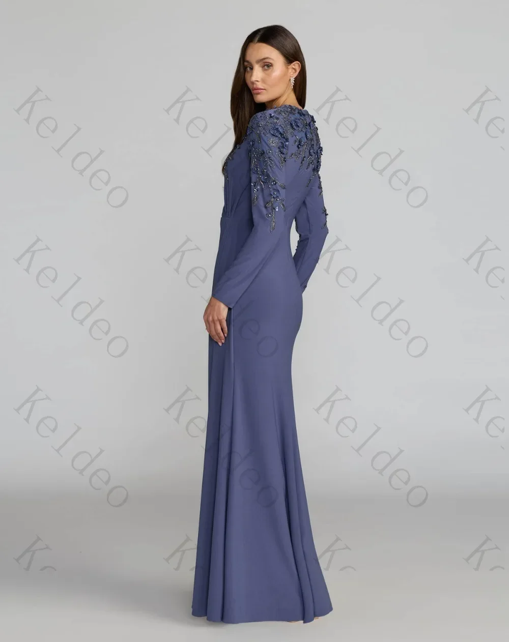 Customized Dusty Blue Jersey Evening Gown Round Neck Long Sleeve 3D Floral Beaded Ruched Dress for Mother of Bride Formal Party