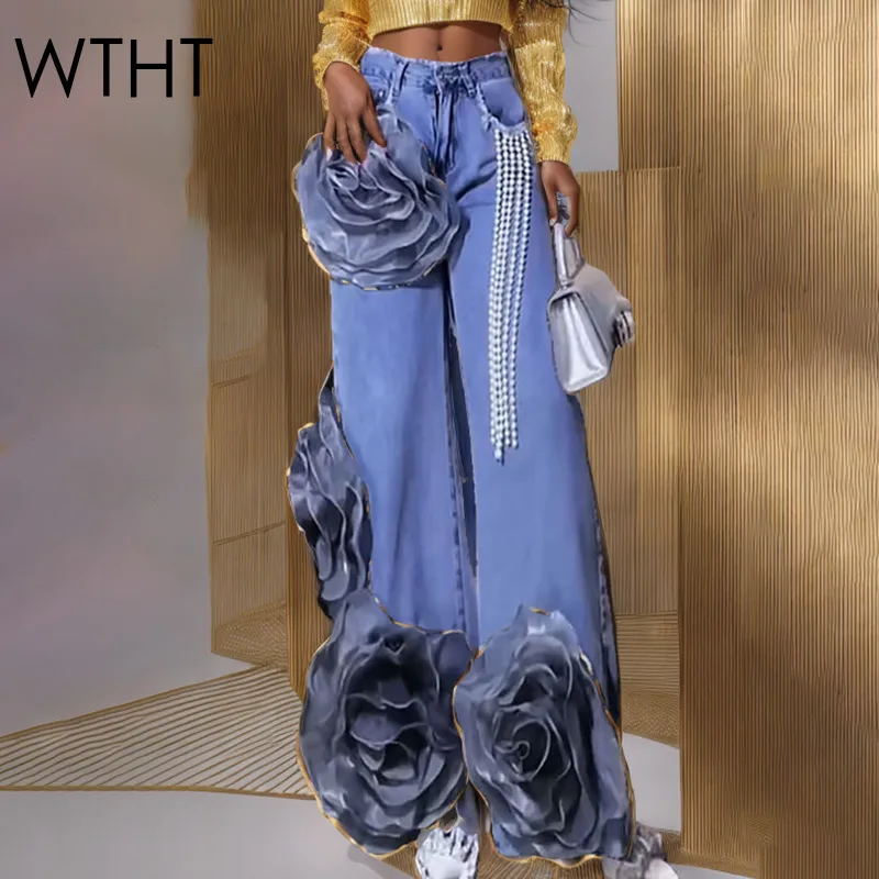 WTHT Fashion Women's Spliced 3D Flower Beads Denim Pants Vintage 2025 Summer Wash High-waisted Wide Leg Jeans Female 1LS1815