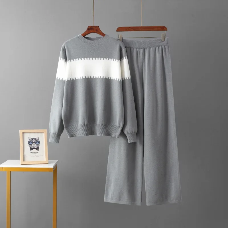 

Women O-neck Knitwears Sweater Pullover Tops Conjuntos Casual High Waist Wide Leg Pants Outfit Korean Design Knit 2 Piece Sets