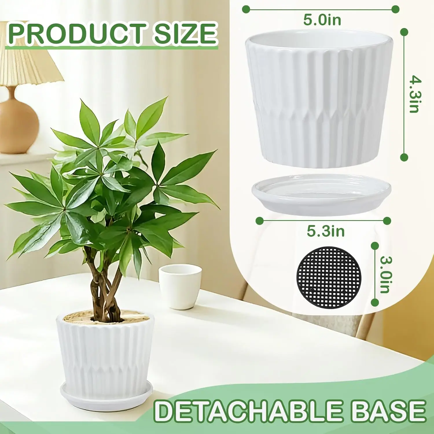 5.5” Ceramic Plant Pots with Drainage and Saucer 4PCs White