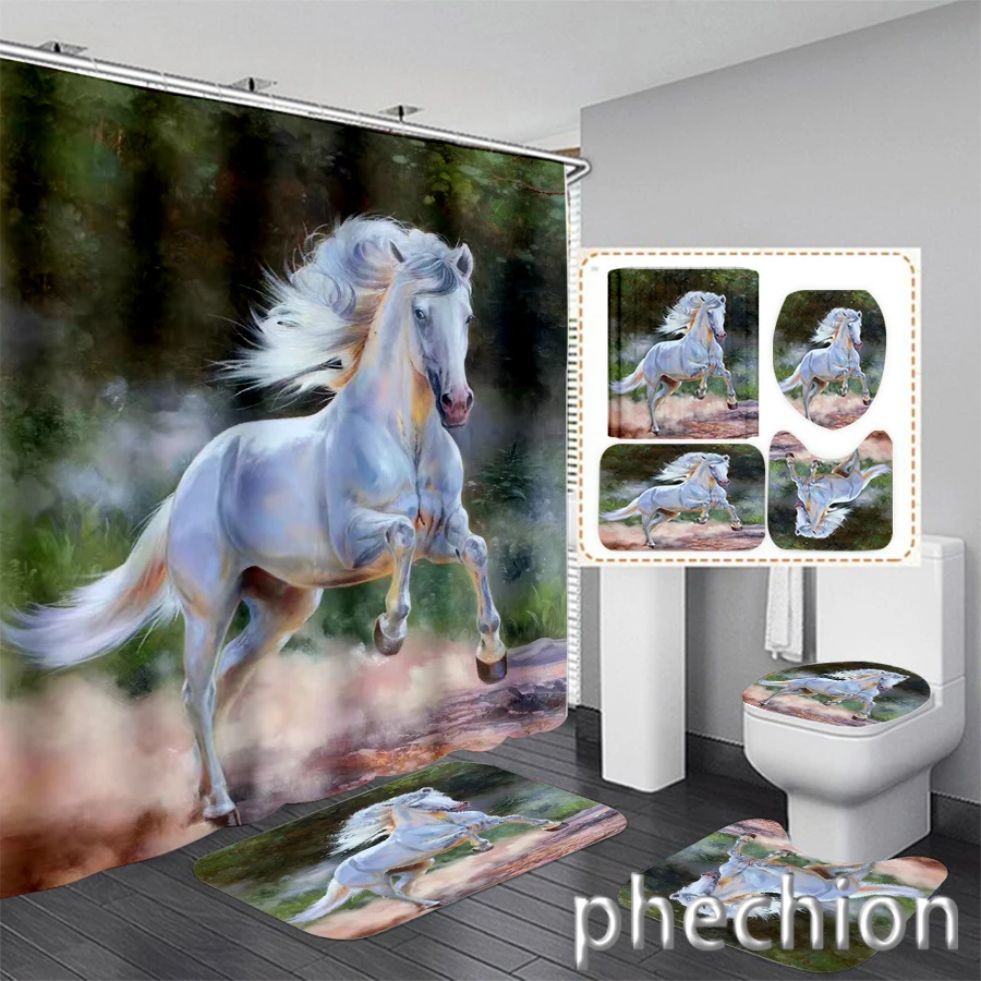 New 3D Print Animal Horse Shower Curtain Waterproof Bathroom Curtain Anti-slip Bath Mat Set Toilet Rugs Carpet VR70