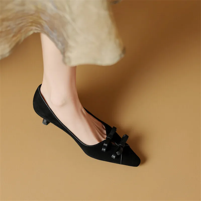 Sheep Suede Square Toe Women Pumps Spring Summer Woman Shoes Fashion Bow Loafers Shoes for Women Zapatos De Mujer High Heels