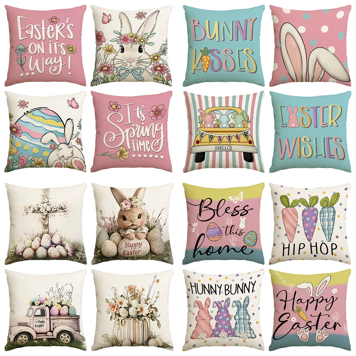 4 Stück Frühlings-Ostern-Fröhliche Kissenbezüge, süßes Kaninchen, Pflanzenblumen, Osterei-Druck, Heimdekoration, Bauernhaus-Sofa-Kissenbezug