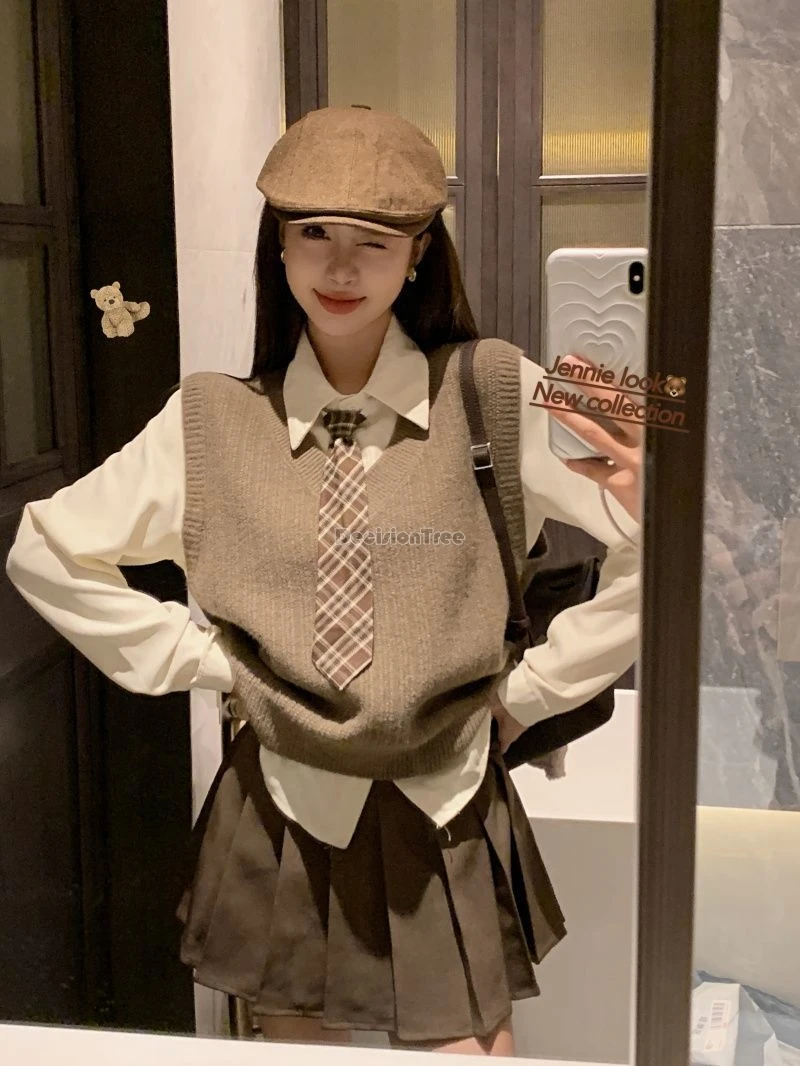 2025 new korean japan school uniform style v-neck knitted vest waistcoat shirt pleated half skirt three-piece daily loose jk set