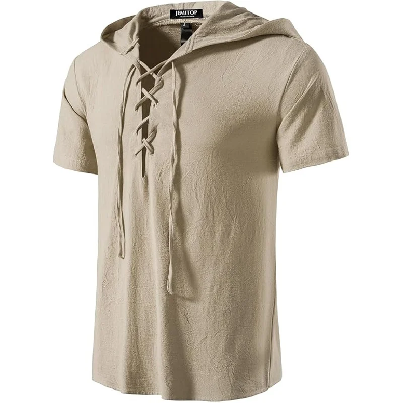 Men's Cotton Vintage Hooded Design Short Sleeve Lace up Shirts for Renaissance Pirate Viking Medieval Costume