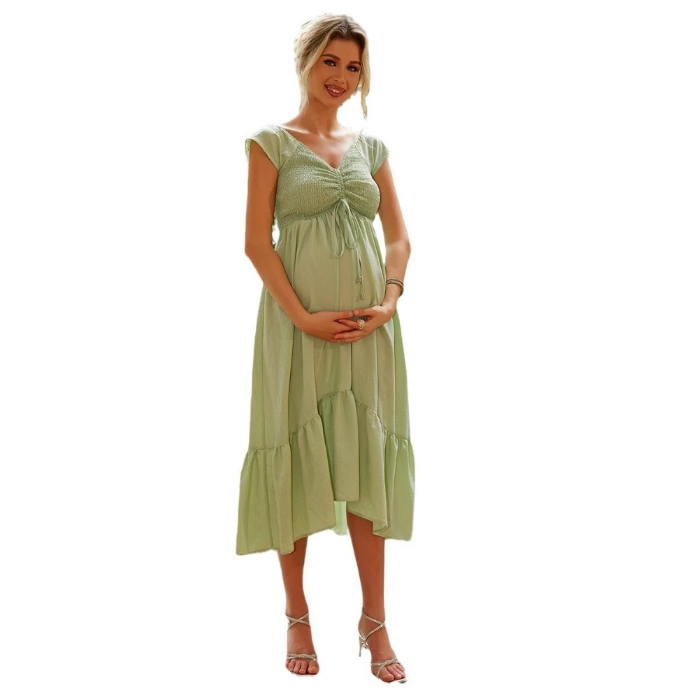 

Maternity Dress Party Fashion Maternity Dress Short Sleeve V Neck Green Floral Hem Pregnancy Clothing Elegant Pregnant Dress