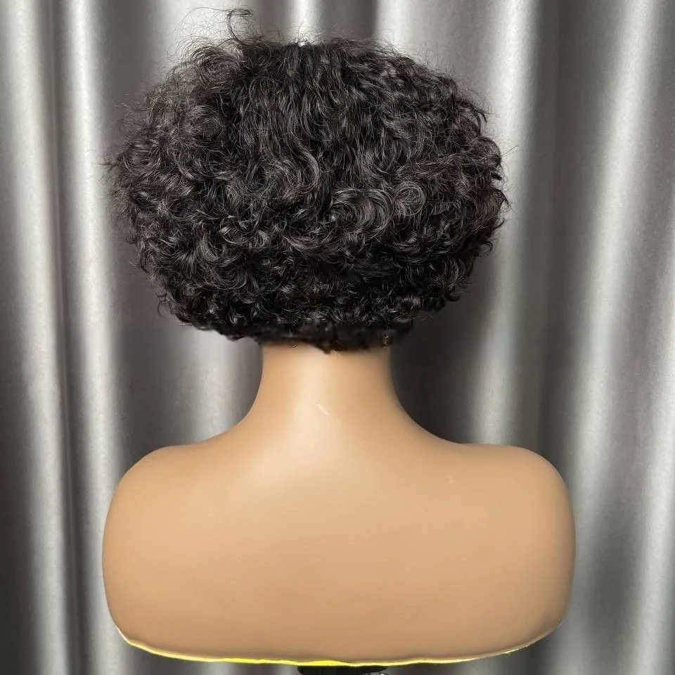 Lado feminino partido curto encaracolado pixie corte bob, 100% peruca de cabelo humano, perucas de máquina completa, para preto feminino cabelo remy brasileiro