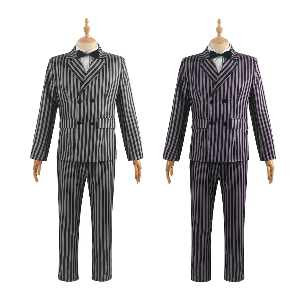 

Movie Gomez Addams Cosplay Costume Adult Black Purple Uniform Men Long Sleeve Coat Pants Suit Halloween Carnival Party Outfit