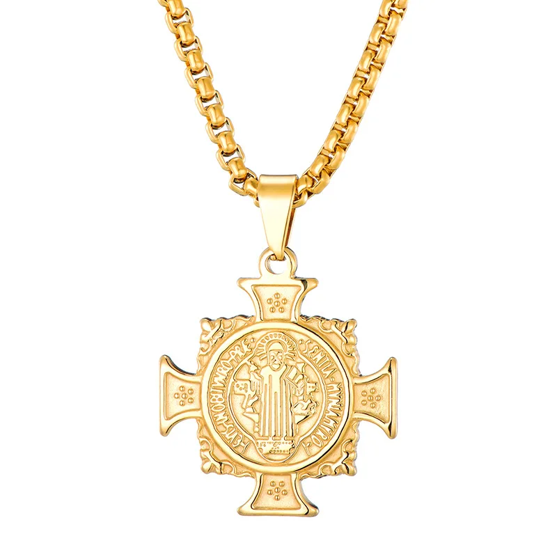 San Benito Necklace Stainless Steel For Men Women Gold/Silver Color Metal St Benedict Cross Choker Religious Jewelry