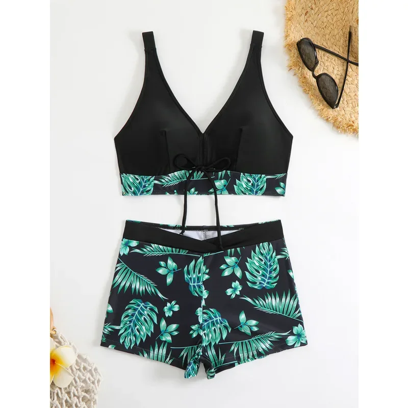 Bikinis con estampado negro y verde para mujer, trajes de baño sexys, traje de baño femenino, conjunto de Bikini deportivo de cintura alta, traje de baño, ropa de playa, Bikini