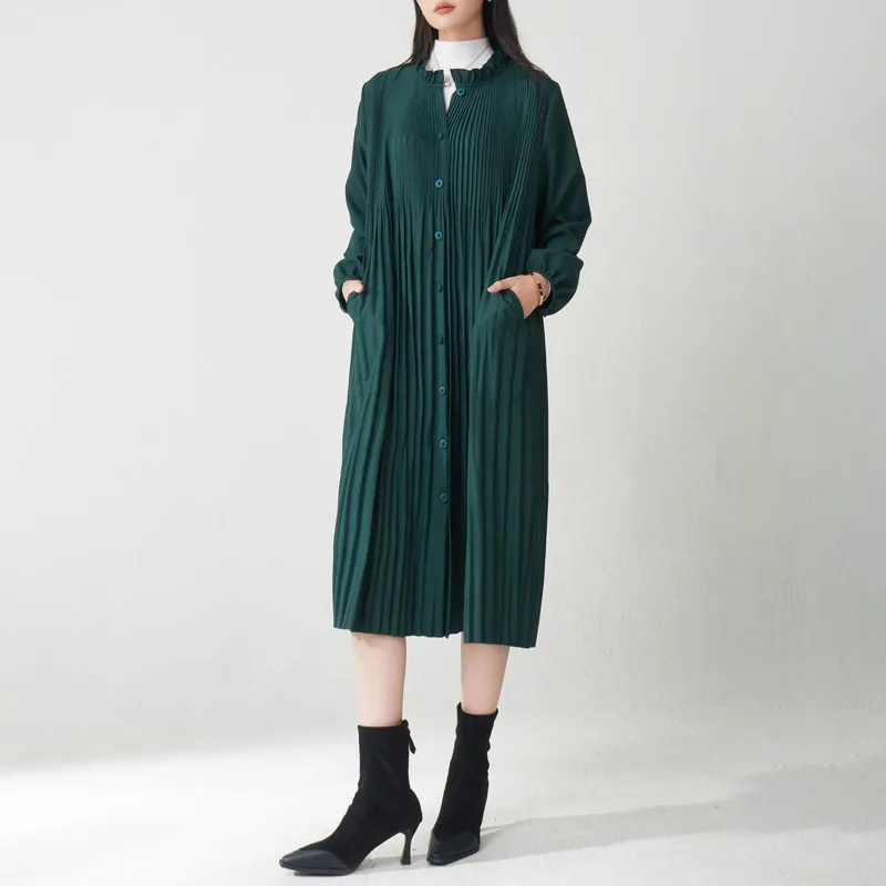 YFPF 2025 Autumn New Women Long Coat Miyake Pleated Solid Color Buton Stand Collar Fashion Windbreaker Office Lady Clothing