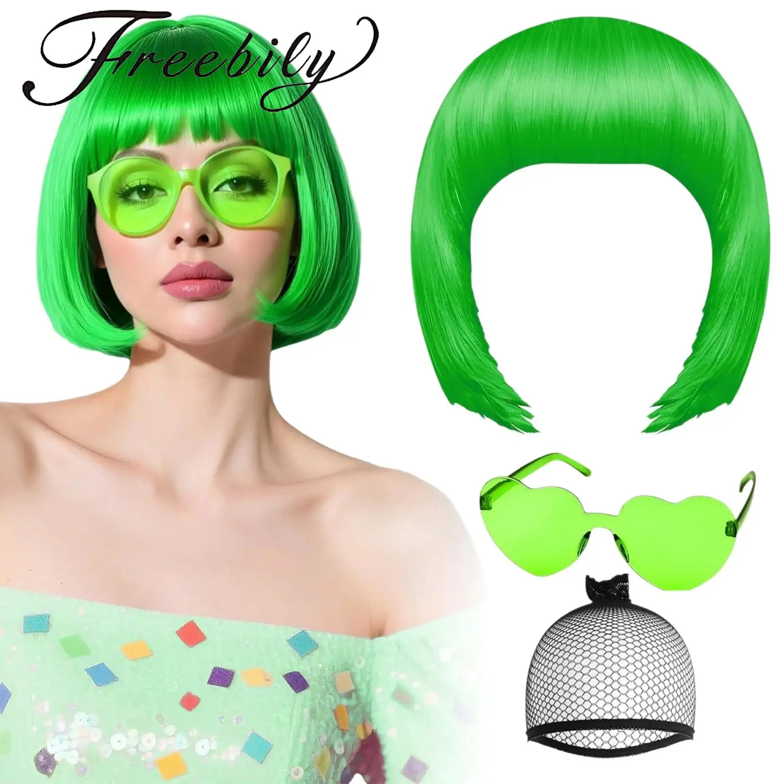 

Синтетические короткие парики из волокна для косплея с солнцезащитными очками в форме сердца для Хэллоуина и украшения для вечеринок в честь выпускного.