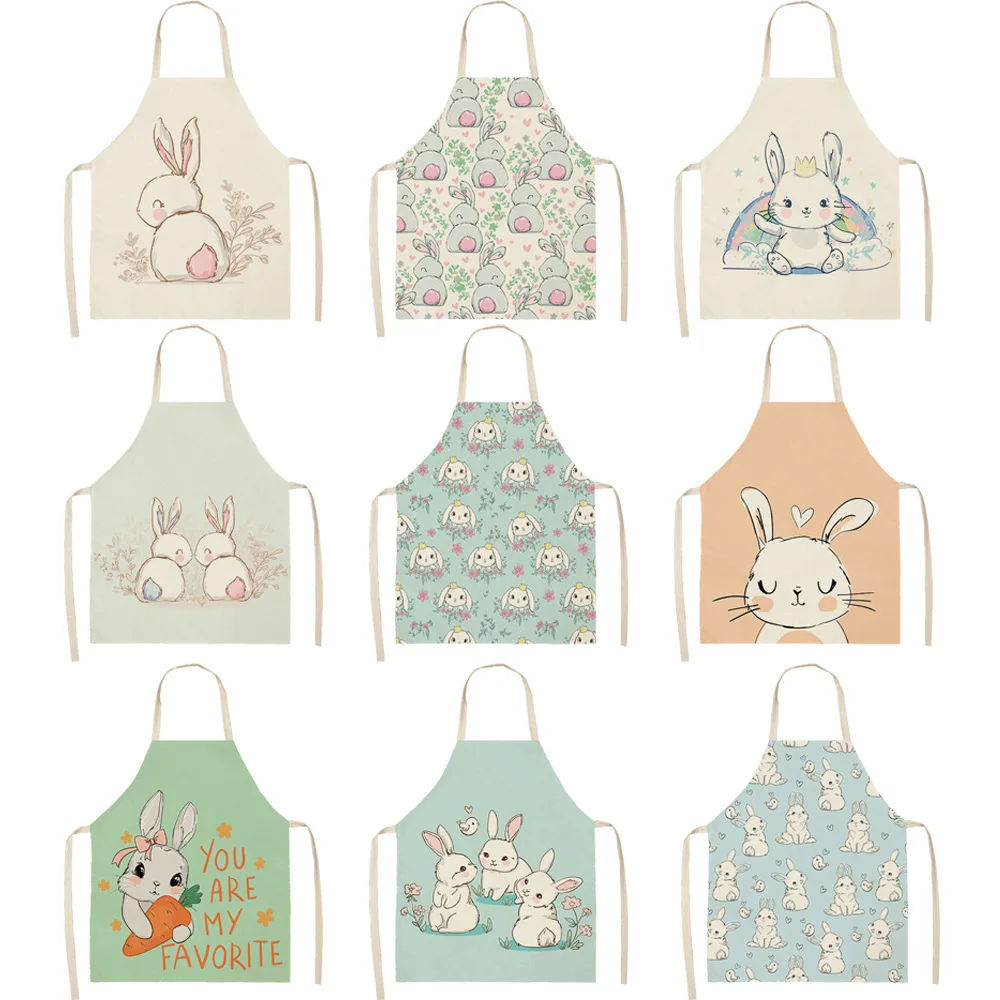 Kitchen Apron Cute Cartoon Rabbit Printed Sleeveless Cotton Linen Aprons for Men Women Home Cleaning Tools 68x55cm