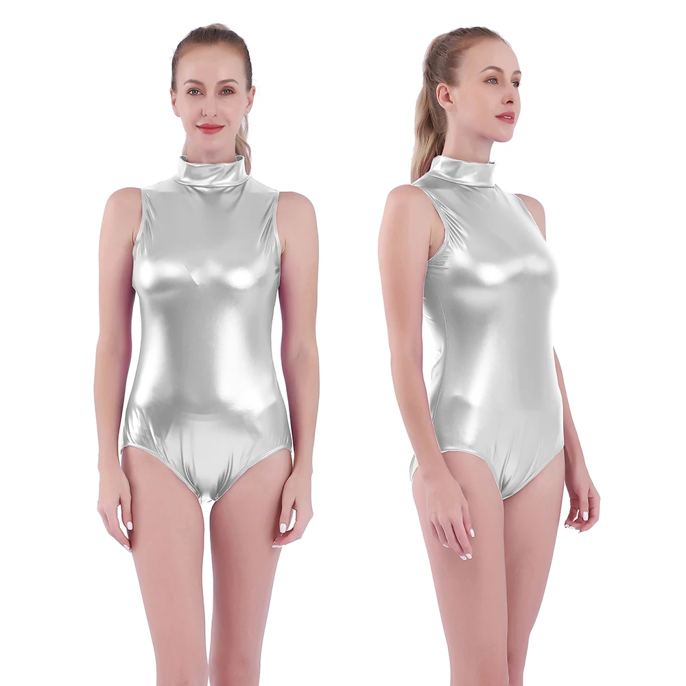 Aoylisey justaucorps métallique brillant pour femmes, col haut, sans manches, pour spectacle de danse, fermeture éclair au dos