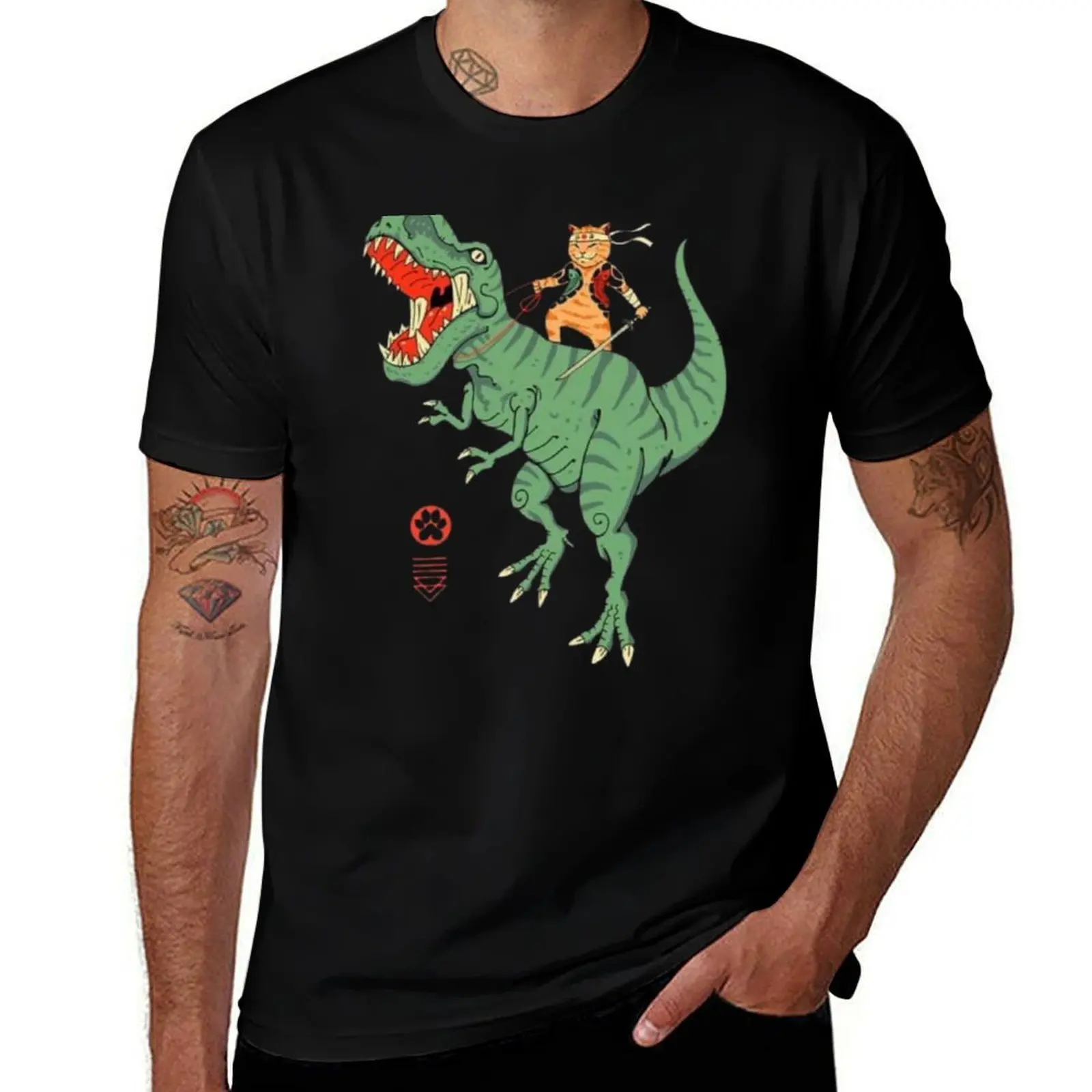 

Cat on dinosaur T-Shirt man t shirt summer t shirt man cotton T-Shirt