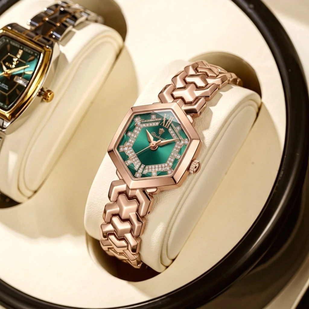 

1 piece rose-tone exquisite chain watch with hexagonal case, green dial, sparkling accents, Roman numeral markers