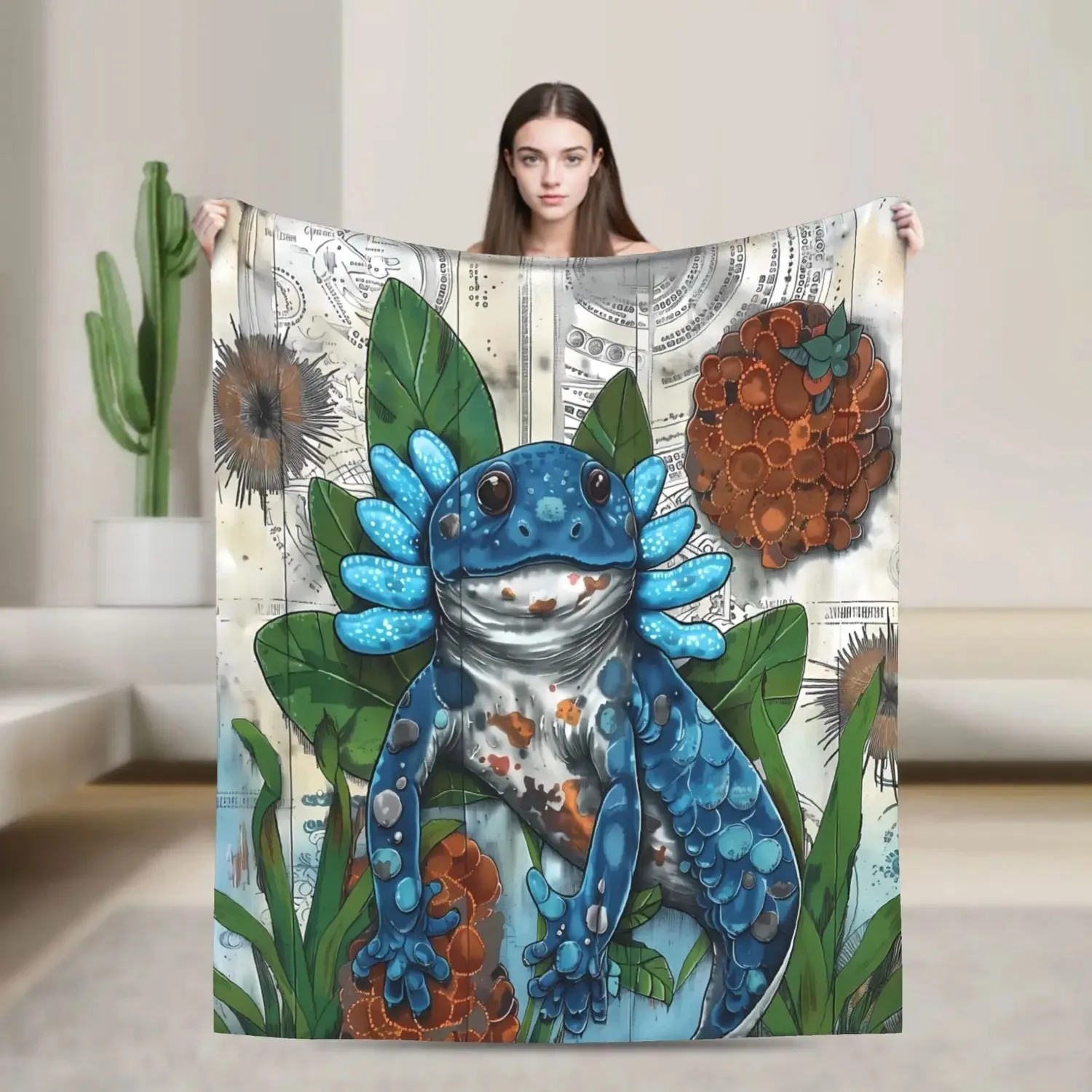 

Axolotl Print Flannel Blanket - Soft Warm Beige Reptile Lover Throw