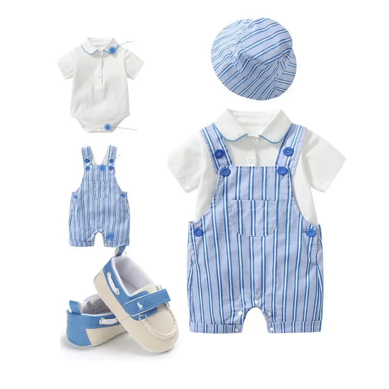 Baby Clothes Boy Cute Striped PP Shorts Jumpsuit with White Romper Hat  Infant Toddler 1 Year    for Birthday