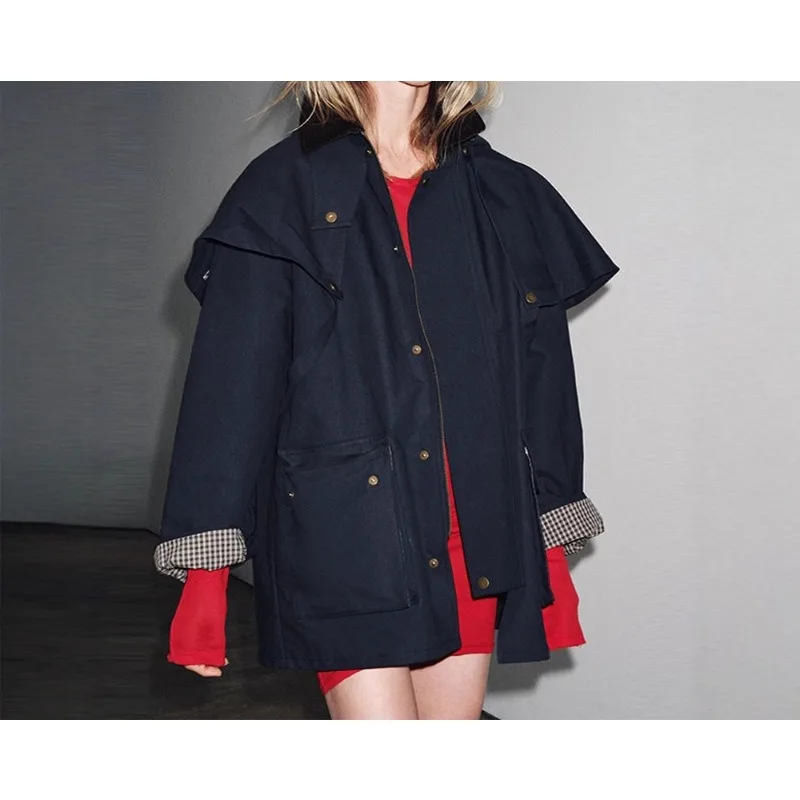 

Removable Hat Cape Short Jacket 2025 Autumn New Street Style Loose Coat