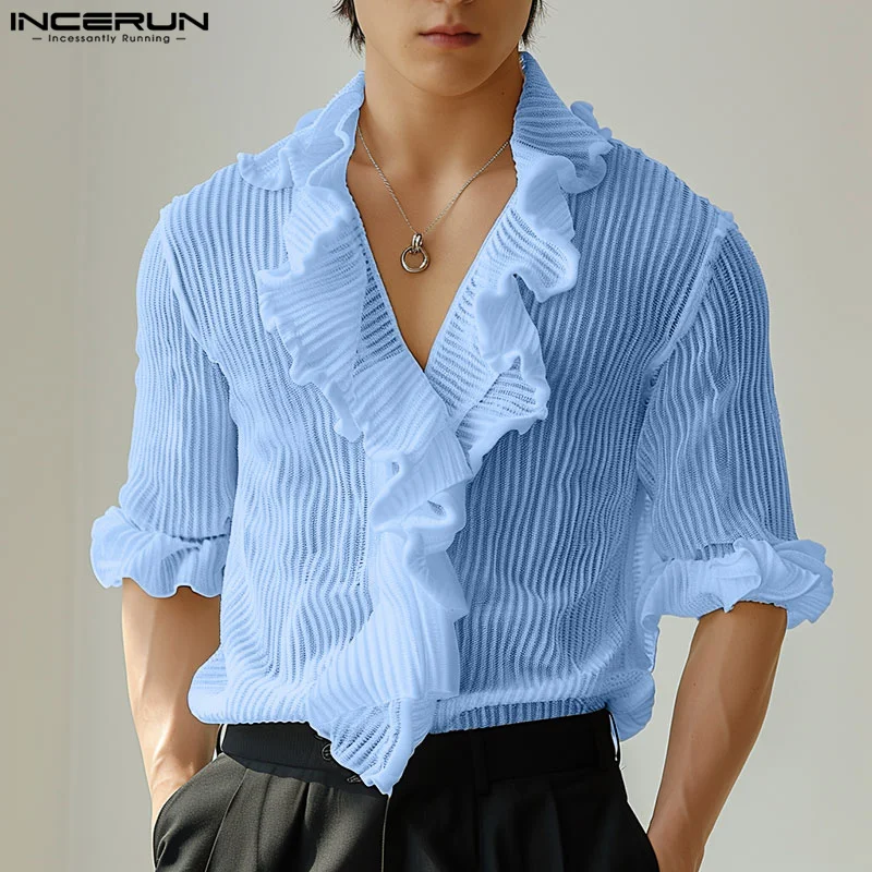 INCERUN Men Shirt V Neck Half Sleeve Ruffle Elegant Casual Men Clothing Transparent Streetwear 2024 Fashion Leisure Male Shirts