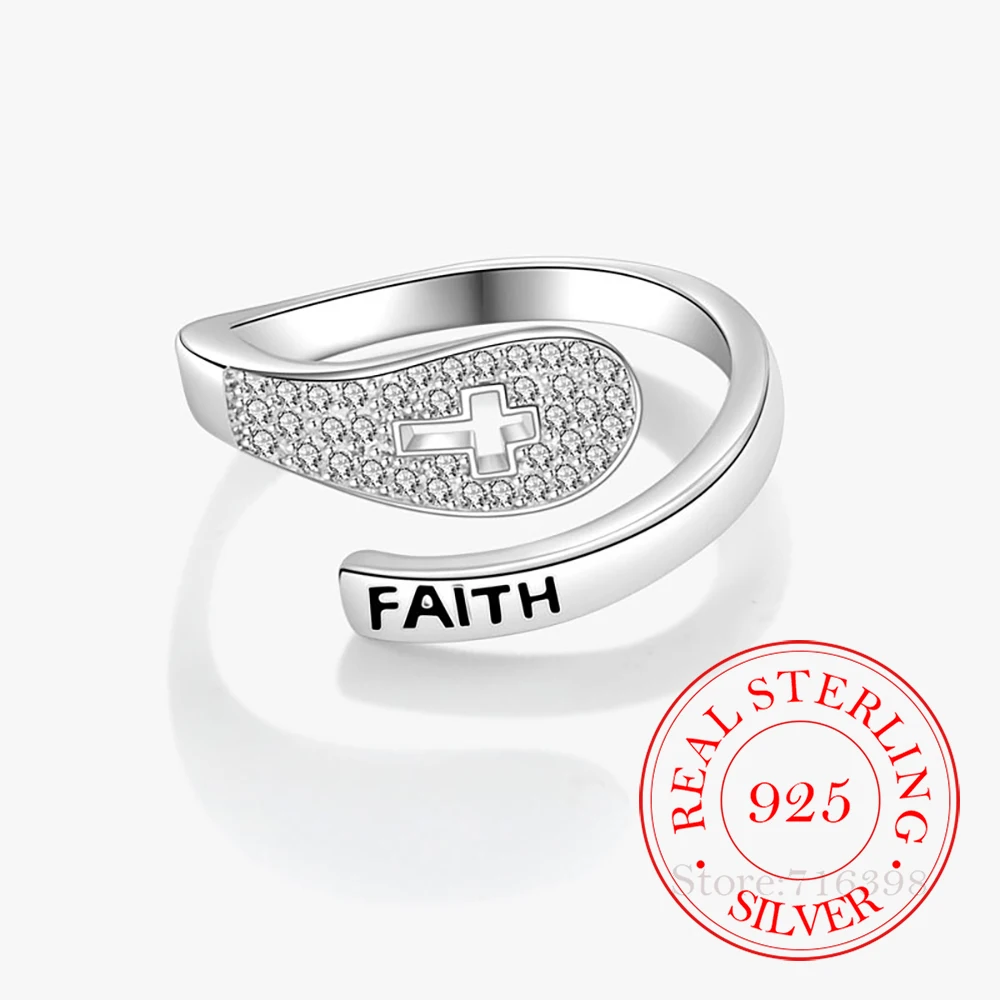 925 Sterling Silver Jewelry Luxury Crystal Cross FAITH Finger Rings for Women Wedding Party Jewelry For Girls Friend Gift