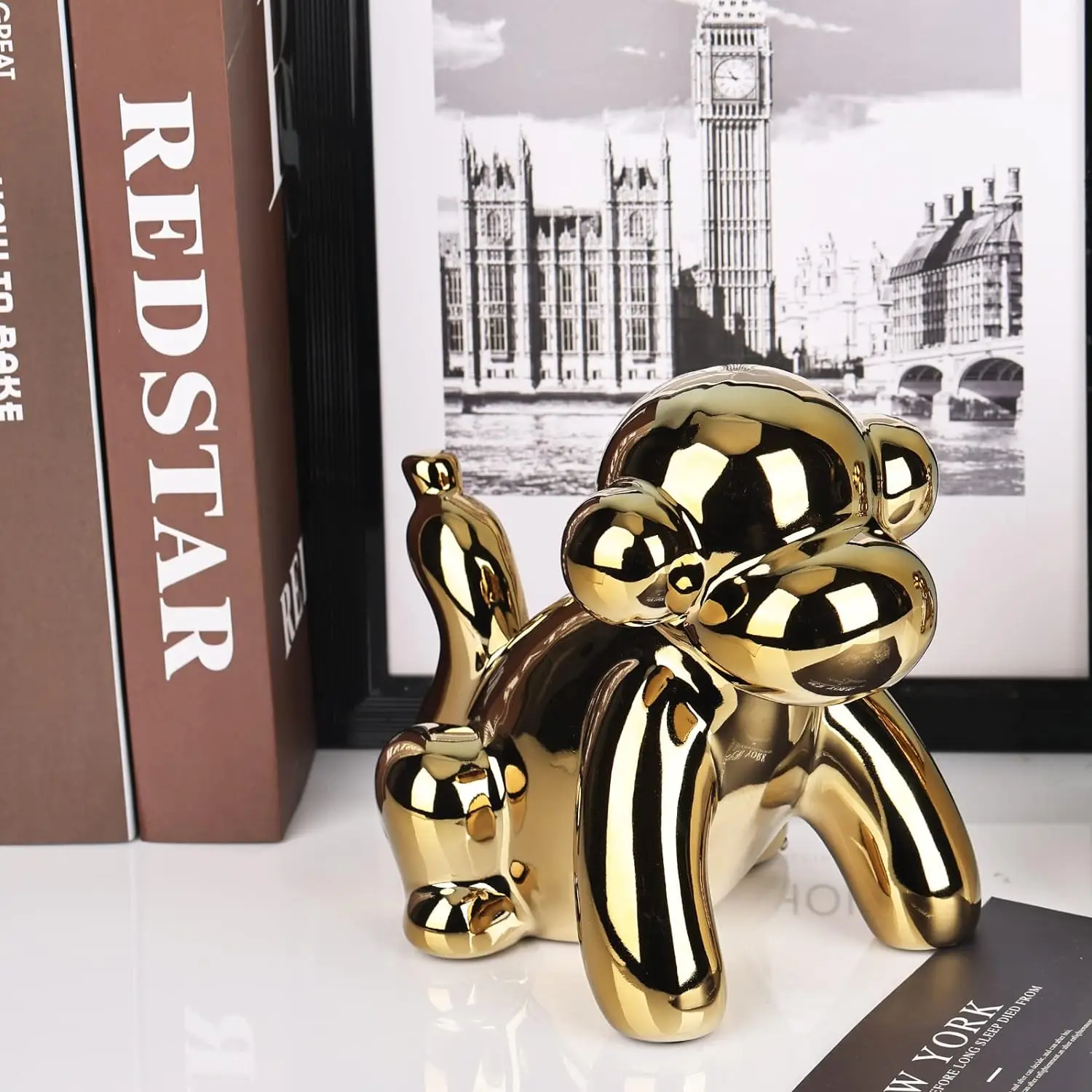 Gold Monkey Figurine Sculpture – Modern Decorative Animal Statue for Home or Office Decor, Unique Metal Finish – 7.4in x 6.2in