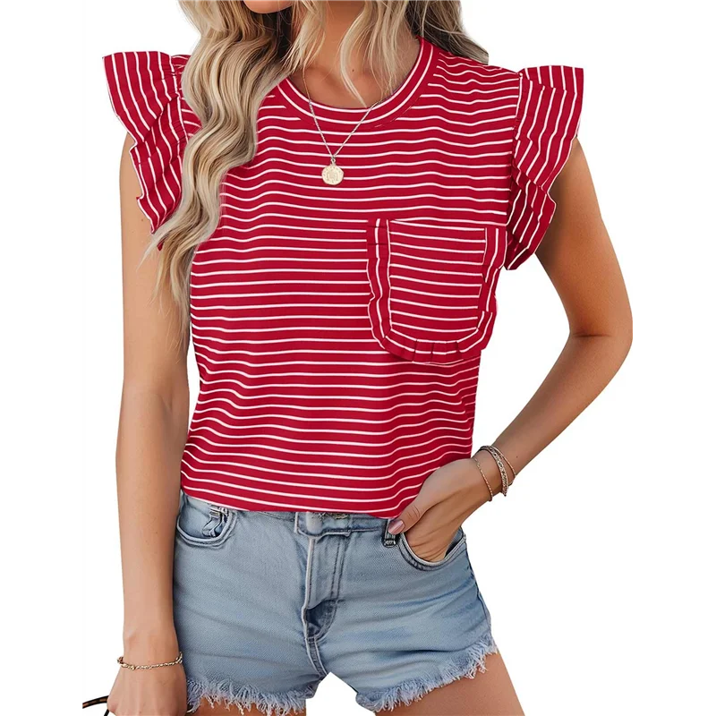 

ABMW-Women's Pleated Crew Neck Casual Striped Pocket Ruffle Short Sleeve Top
