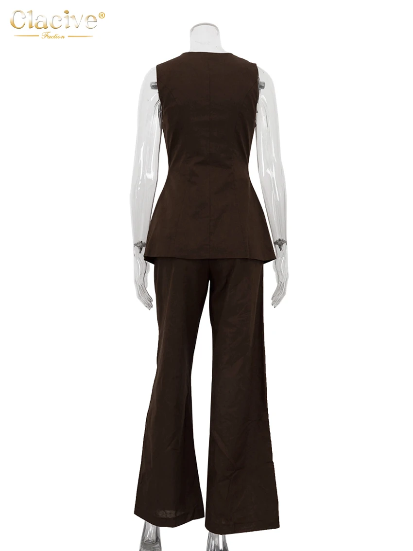 Brown Linen Pants Set: Sleeveless Tank and High Waist Wide Trousers
