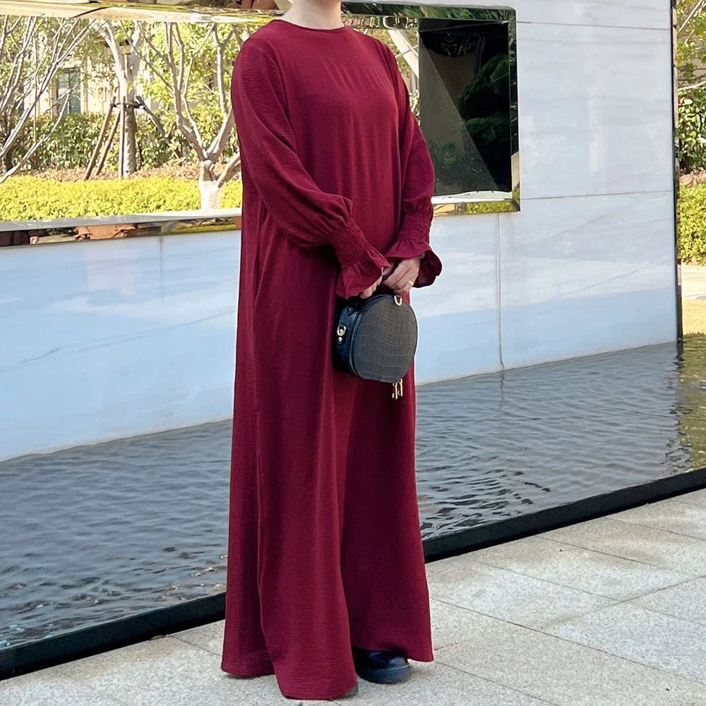 Abaya-Robe musulmane de luxe pour femmes, vêtement islamique, couleur unie, avec poignets smockés, en pansement, pour prière, Dubaï, Turquie