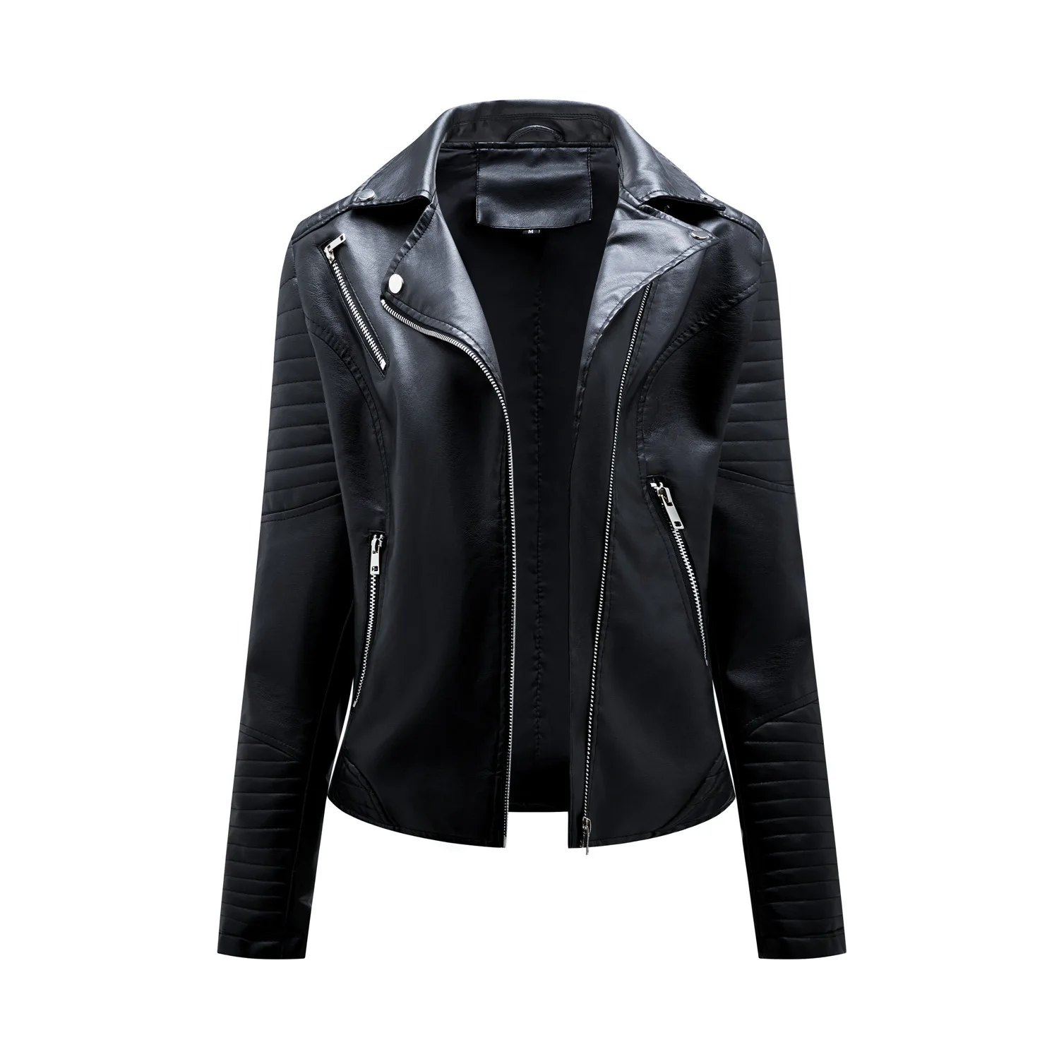 Autumn Short Slim Fit Leather Dress Women\'s Slim Fit Lapel Motorcycle Wear Oblique Zipper Jacket Black Rock Punk Pu Quality Coat