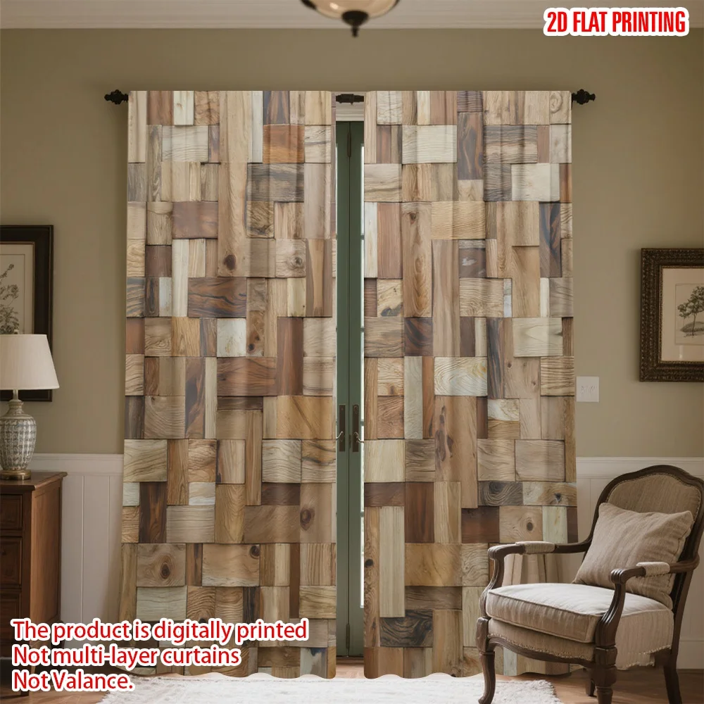 

2D flat printing 2pcs Party Curtains Wooden Geometric Tiles Digital Printed Polyester Drapes Birthday Party Use for Holiday