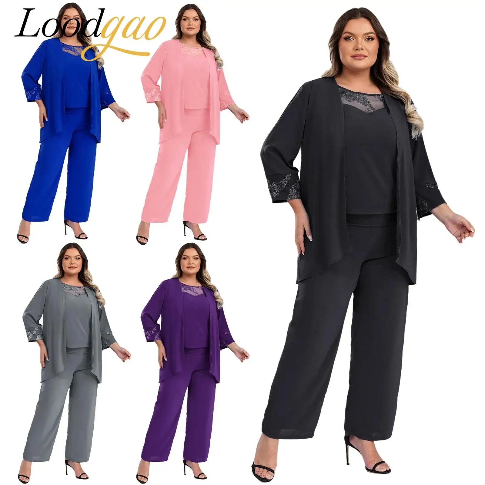 

Женский классический танцевальный костюм, топ на бретелях, кардиган + брюки, костюм для вечернего банкета, женские вечерние комплекты шифоновой одежды Mujer