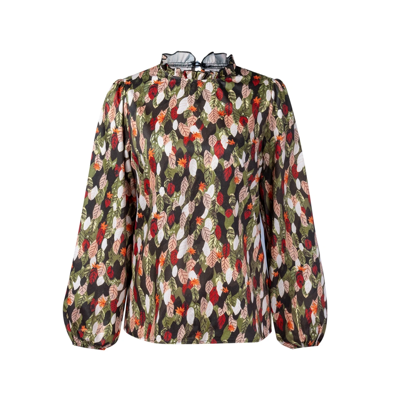 Autunno Inverno nuove signore moda retrò stampa foglia manica a palloncino camicetta pendolarismo quotidiano camicia versatile casual colletto con volant