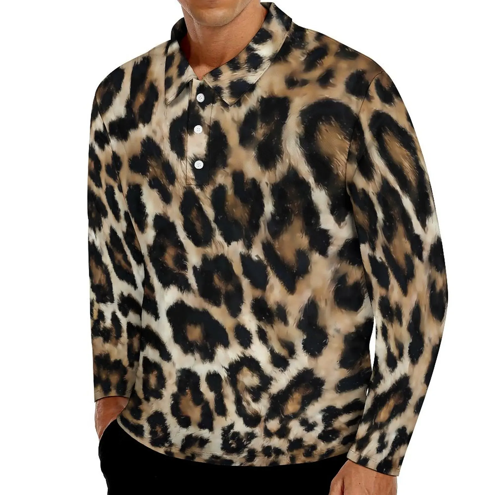 

Винтажные повседневные футболки с леопардовым принтом, мужская рубашка поло с длинным рукавом, уличная одежда с отложным воротником, рубашка с весенним узором, большие размеры