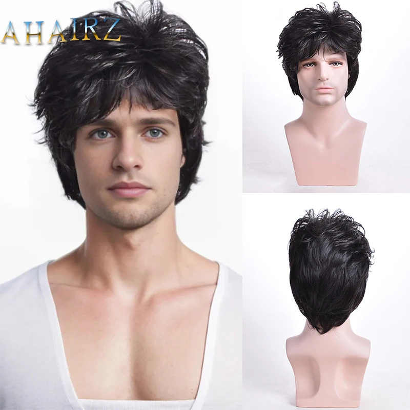 

Fashion Men's Synthetic Short Curly Black Wig with Bangs Adjustables Size For Men Daily Party Wear Fake Hair