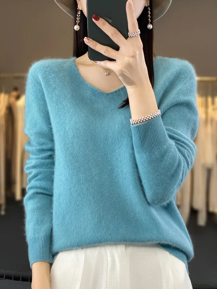 100% Merino Wool Women's Sweater V-Neck Long Sleeve Pullovers Autumn Winter Basic Jumper Cashmere Knitwear Warm Female Clothing