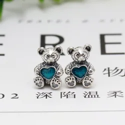 925 Sterling Silver Enamel Encantos para Mulheres, Contas Originais, Urso, Azul, Vermelho, Animal, Fit para Pulseiras Pandora, Jóias DIY, Dropship