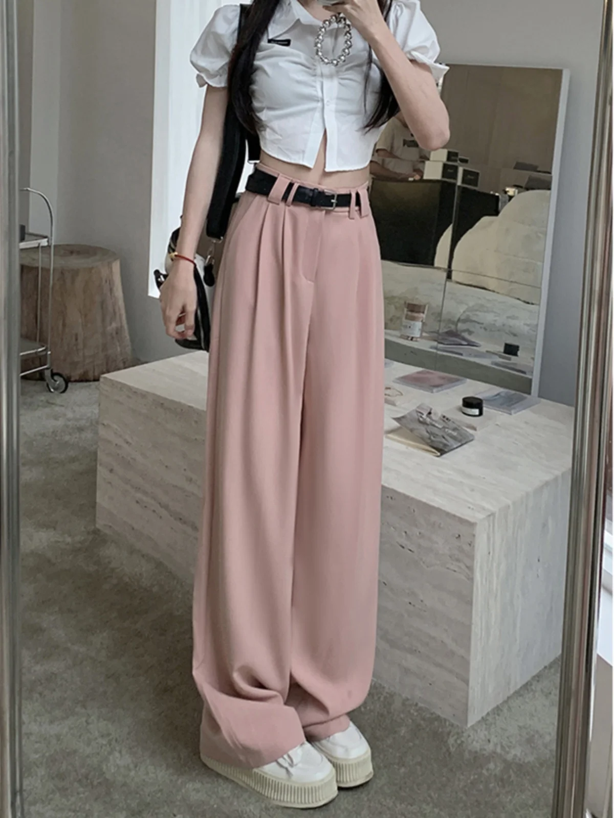 Ladies' Summer New High Waisted Suit Pants Wide Leg Pants Solid Color Trousers Office Lady Pants