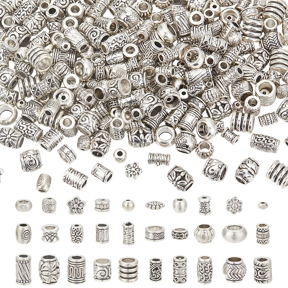 300Pcs Spacer Beads Large Hole Barrel Rondelle Column Beads Silver for Jewelry Making Accessory Supplies Bracelets Necklace