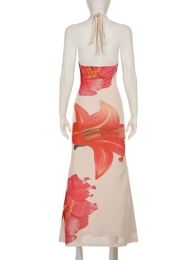 SsTss Summer Fashion Sheer Mesh Floral Print Long Dress Women Sexy Halter Swinging Collar Sleeveless Backless Holiday Maxi Dress