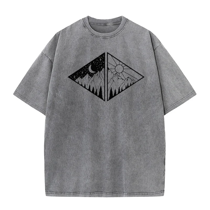 Rectangular Black Mountain Pure Cotton Men Tops & Tees Vintage Mother Day Retro Washed T Shirts Loose Round Neck Washed T Shirts