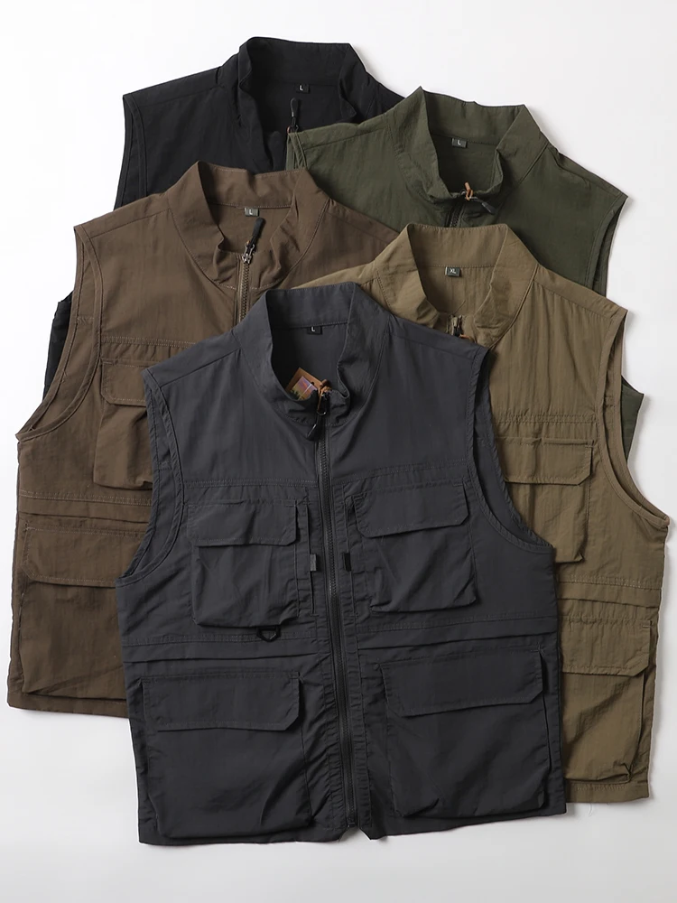 Outdoor Men's Casual Shirt Jacket Vest Spring Summer Lightweight Stand Collar Multi-Pocket Workwear Style Fashionable