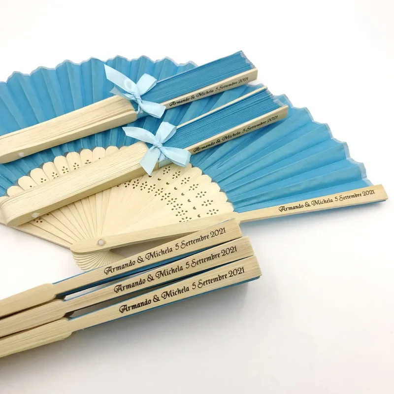20/30 قطع مخصص الزفاف الحرير النسيج مروحة مع الشريط مخصص طباعة اسم وتاريخ اليد مروحة قابلة للطي