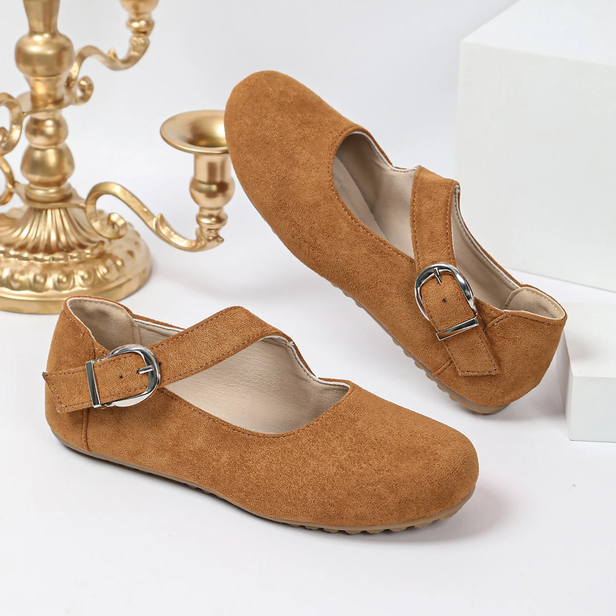 Damen Mary Jane Schuhe, Wildleder, runde Zehenpartie, flache Schuhe, mit Schnallenriemen, lässig, bequem, für Arbeit, Büro, Alltag, Ballerinas. – Detail 5