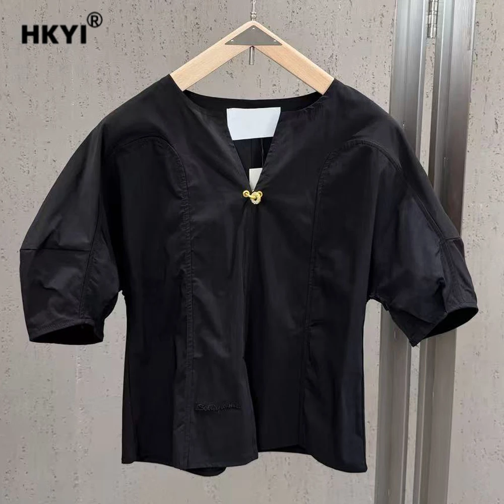 

Женская рубашка High Street Shrits весна-лето с V-образным вырезом, короткими рукавами-фонариками, декоративной пряжкой в виде бриллианта, свободного прямого кроя
