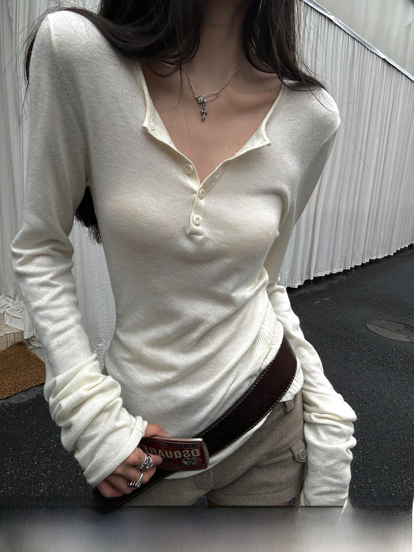 

Warden Women's Long Sve Knitted V-Ne Slim Fit Base irt White Autumn Season Faionable Breathable Comfortable T-S...