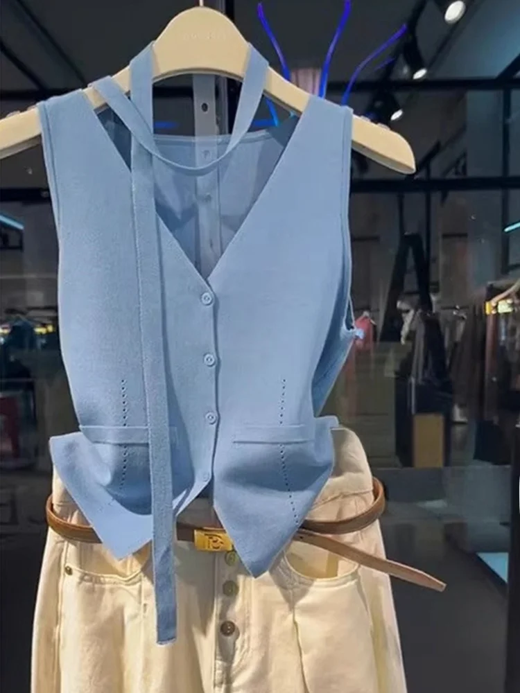 

Ele Soft Sle V-Ne Вязаный жилет из ледяного шелка для похудения, женский топ на одной пуговице, корейская версия